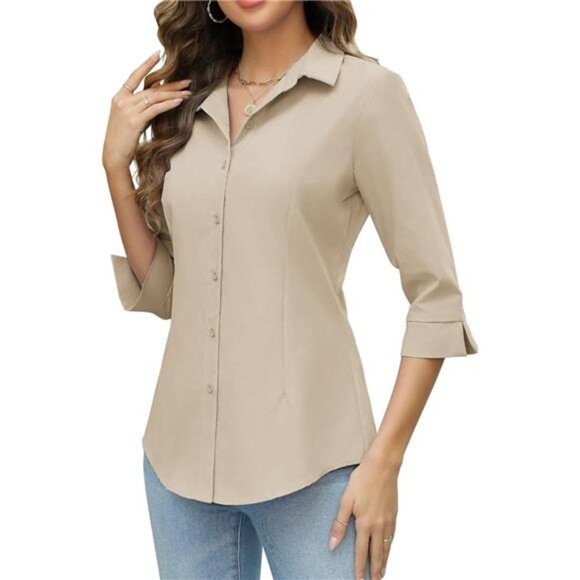 Women Button Down Shirts 3/4 Sleeve Khaki - Picture 1 of 5
